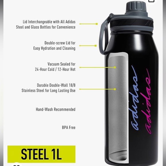 adidas: Unisex 1 Liter (32 oz) Insulated Steel Water Bottle - Picture 5 of 8
